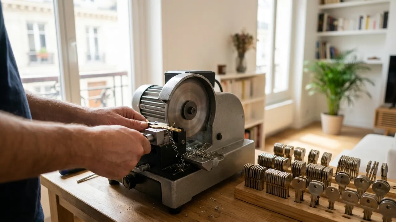 Trousseau de clés et clé brevetée avec carte de propriété posés sur un comptoir de serrurier à Charenton-le-Pont
