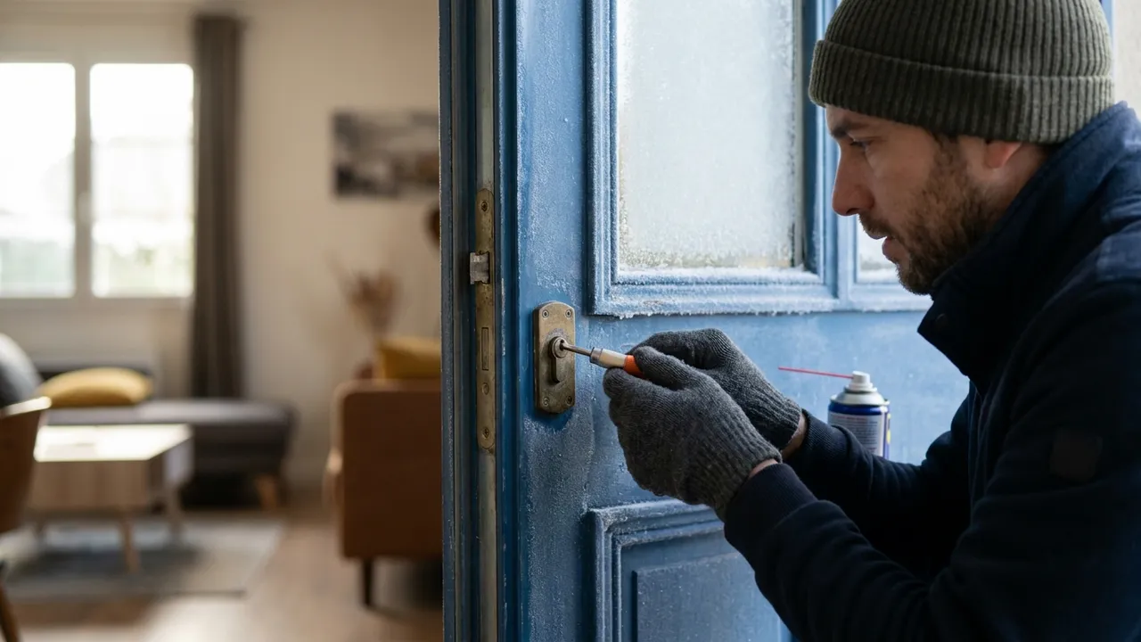 Serrure de porte d'entrée givrée un matin d'hiver dans une rue de Charenton-le-Pont